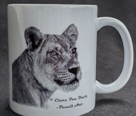Original wildlife art and custom mug examples by artist Clare Van Daele